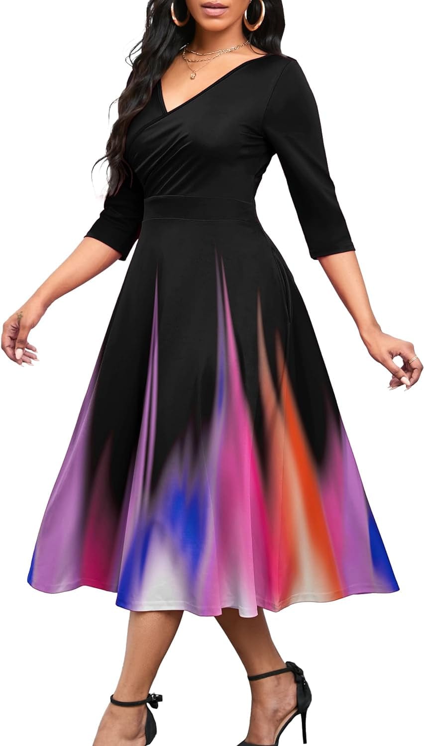 Nmoder Women'S Casual Wrap Flared Midi Dress Wedding Guest Cocktail Tea Dresses A-Line Swing V-Neck 3/4 Sleeve 005-Purple Aurora / Medium