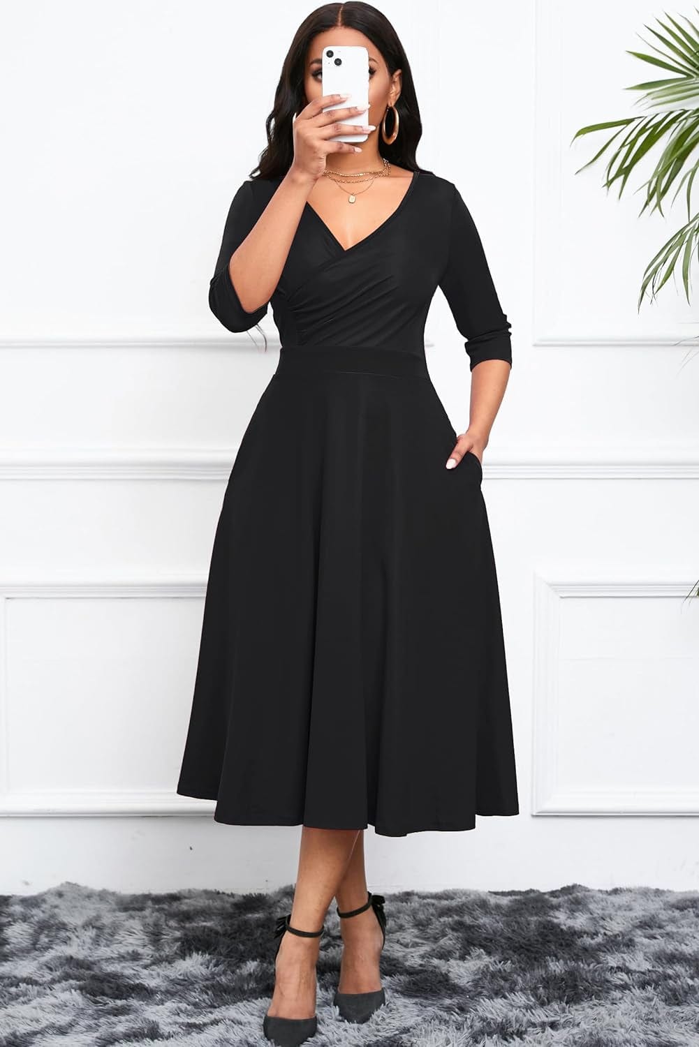 Nmoder Women'S Casual Wrap Flared Midi Dress Wedding Guest Cocktail Tea Dresses A-Line Swing V-Neck 3/4 Sleeve