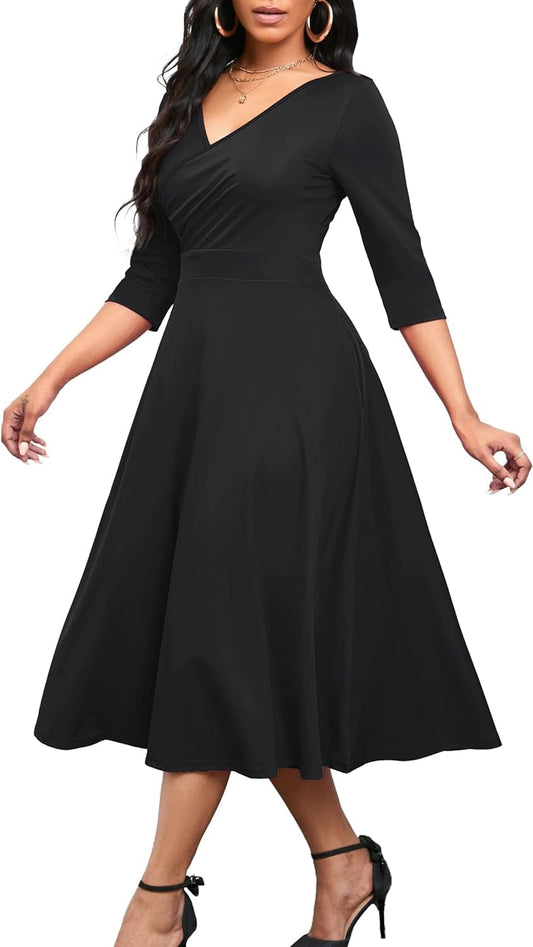 Nmoder Women'S Casual Wrap Flared Midi Dress Wedding Guest Cocktail Tea Dresses A-Line Swing V-Neck 3/4 Sleeve