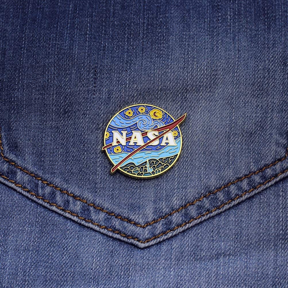 Novelty Starry NASA Logo Enamel Lapel Pin Funny Van Gogh Starry Night Painting Badge Pin for Backpacks Jackets Bags Starry NASA Logo