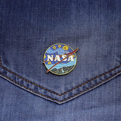 Novelty Starry NASA Logo Enamel Lapel Pin Funny Van Gogh Starry Night Painting Badge Pin for Backpacks Jackets Bags Starry NASA Logo