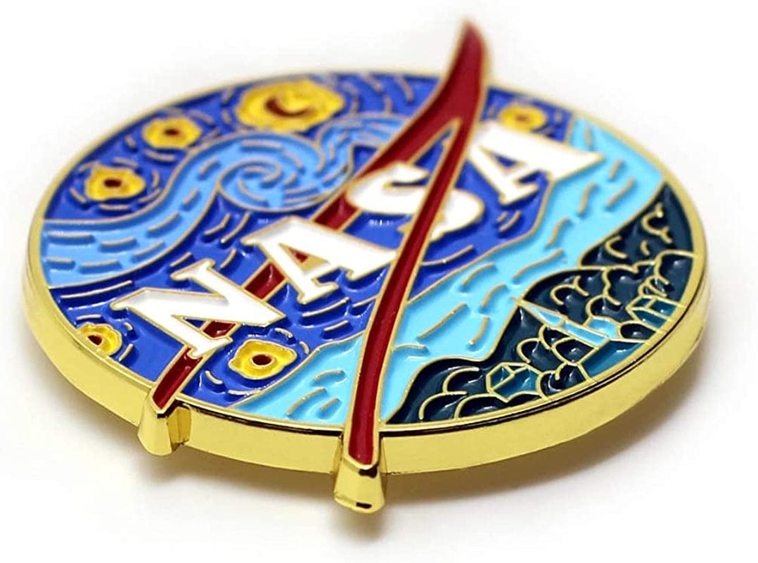 Novelty Starry NASA Logo Enamel Lapel Pin Funny Van Gogh Starry Night Painting Badge Pin for Backpacks Jackets Bags Starry NASA Logo