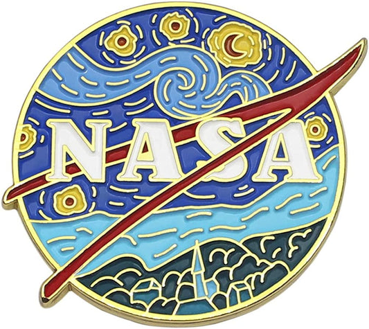 Novelty Starry NASA Logo Enamel Lapel Pin Funny Van Gogh Starry Night Painting Badge Pin for Backpacks Jackets Bags Starry NASA Logo