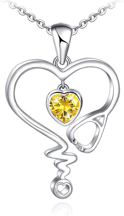 Nurse Necklace for Women 925 Sterling Silver Stethoscope Heartbeat Necklace Jewelry Gifts for Nurse Graduation Medical Student Doctor Sliver-11-Natural Citrine