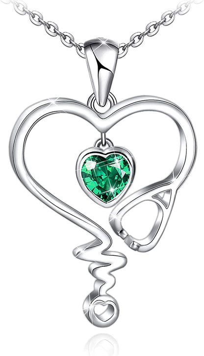 Nurse Necklace for Women 925 Sterling Silver Stethoscope Heartbeat Necklace Jewelry Gifts for Nurse Graduation Medical Student Doctor Sliver-05-Green