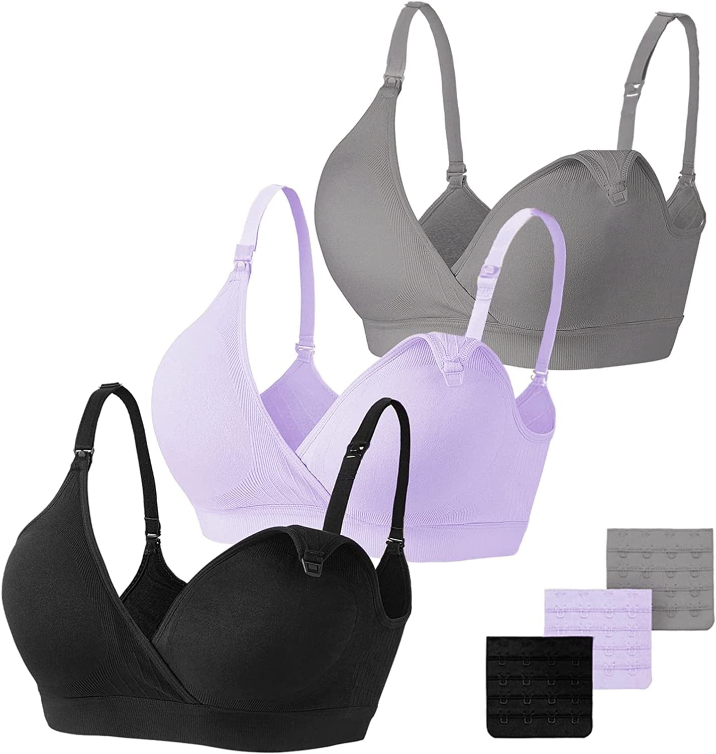 Nursing Bra 3 Pack Seamless V Neck Maternity Bra Women Pregnancy Breastfeeding Bra Black/Grey/Purple / Small