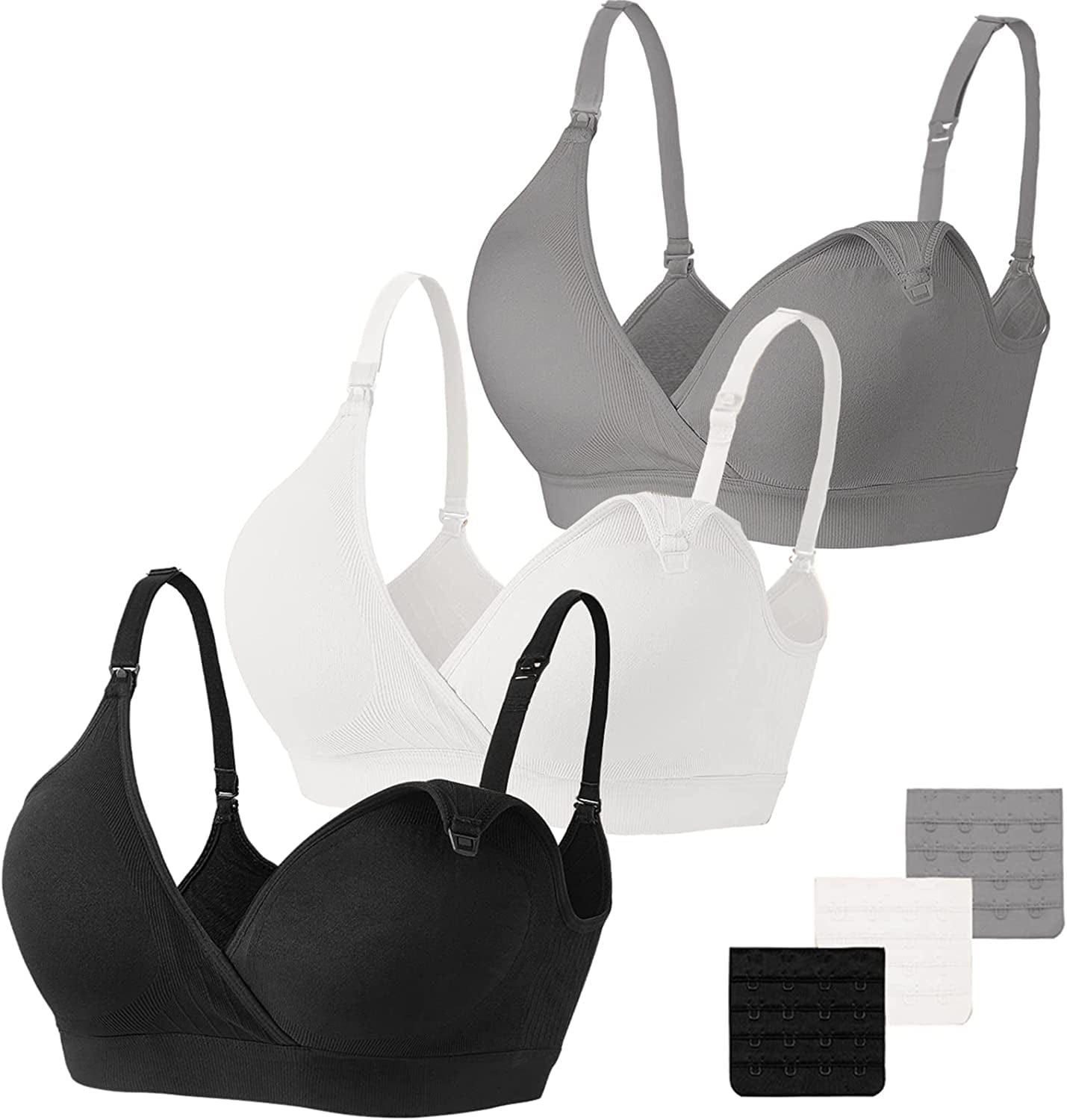Nursing Bra 3 Pack Seamless V Neck Maternity Bra Women Pregnancy Breastfeeding Bra Black/Grey/White / Small