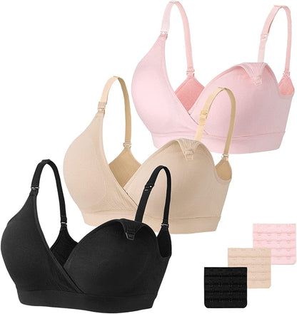 Nursing Bra 3 Pack Seamless V Neck Maternity Bra Women Pregnancy Breastfeeding Bra Black/Nude/Pink / Small