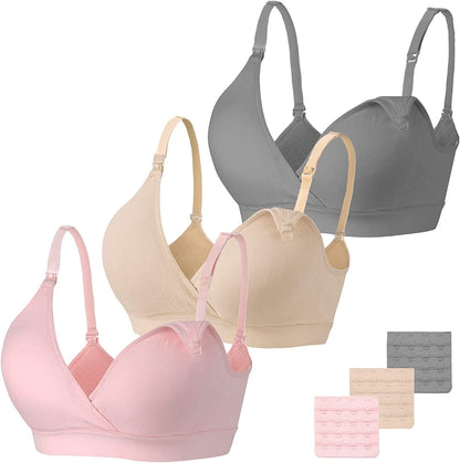Nursing Bra 3 Pack Seamless V Neck Maternity Bra Women Pregnancy Breastfeeding Bra Grey/Nude/Pink / XX-Large