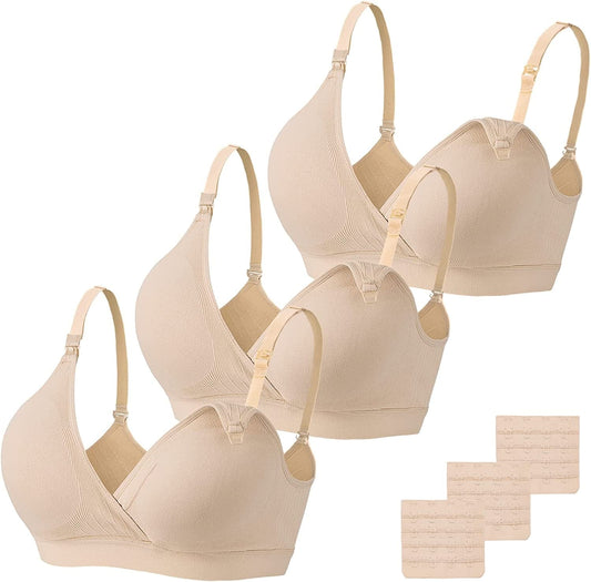 Nursing Bra 3 Pack Seamless V Neck Maternity Bra Women Pregnancy Breastfeeding Bra Nude × 3 / Large
