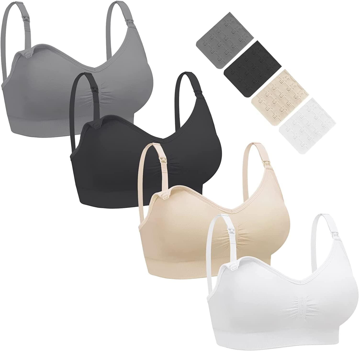 Nursing Bra 3 Pack Womens Maternity Breastfeeding Bra Wireless Sleep Bra Bralette with Extenders & Clips Black/Grey/White/Beige / Small
