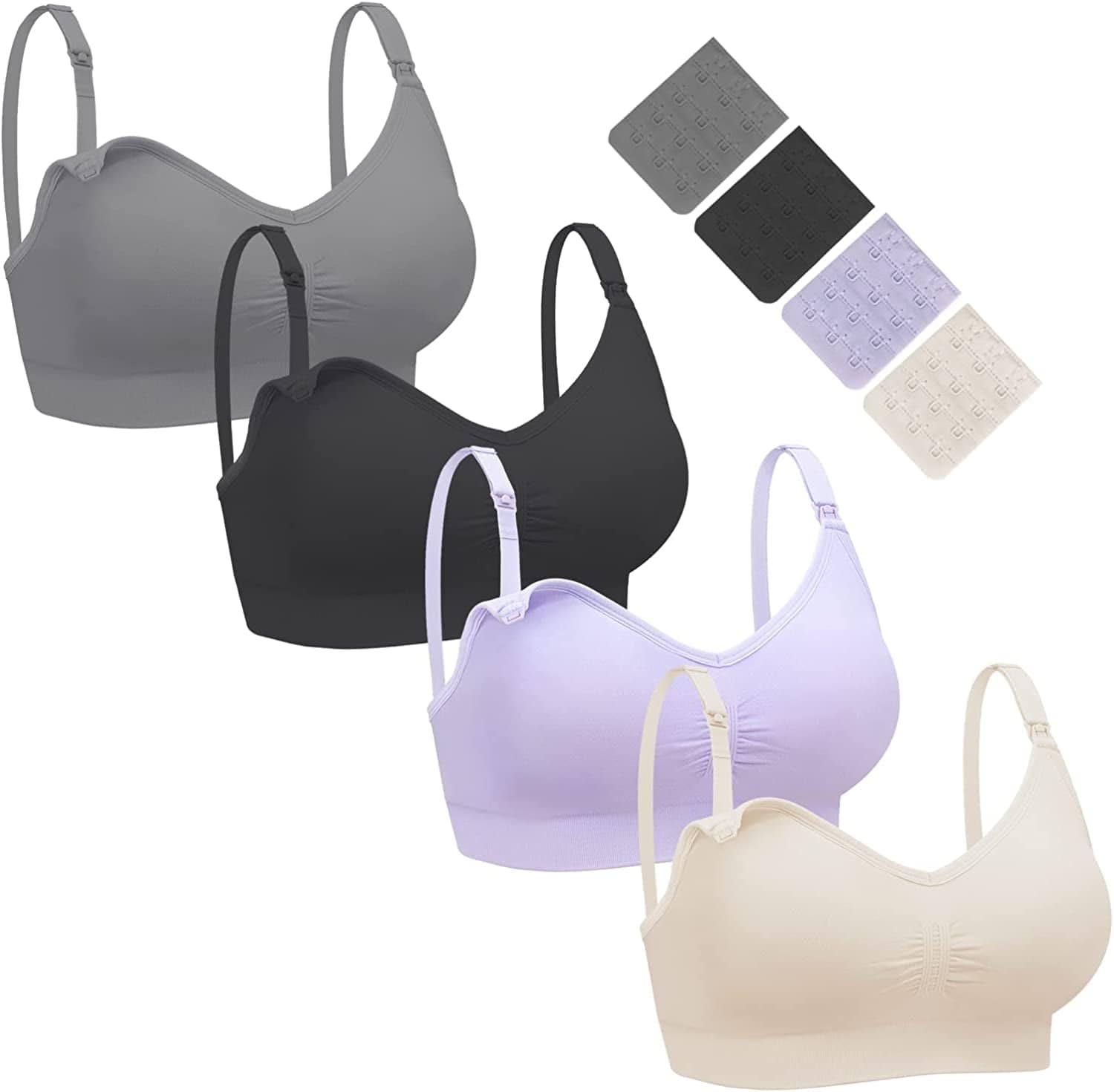 Nursing Bra 3 Pack Womens Maternity Breastfeeding Bra Wireless Sleep Bra Bralette with Extenders & Clips Black/Grey/Pink/Purple / Medium