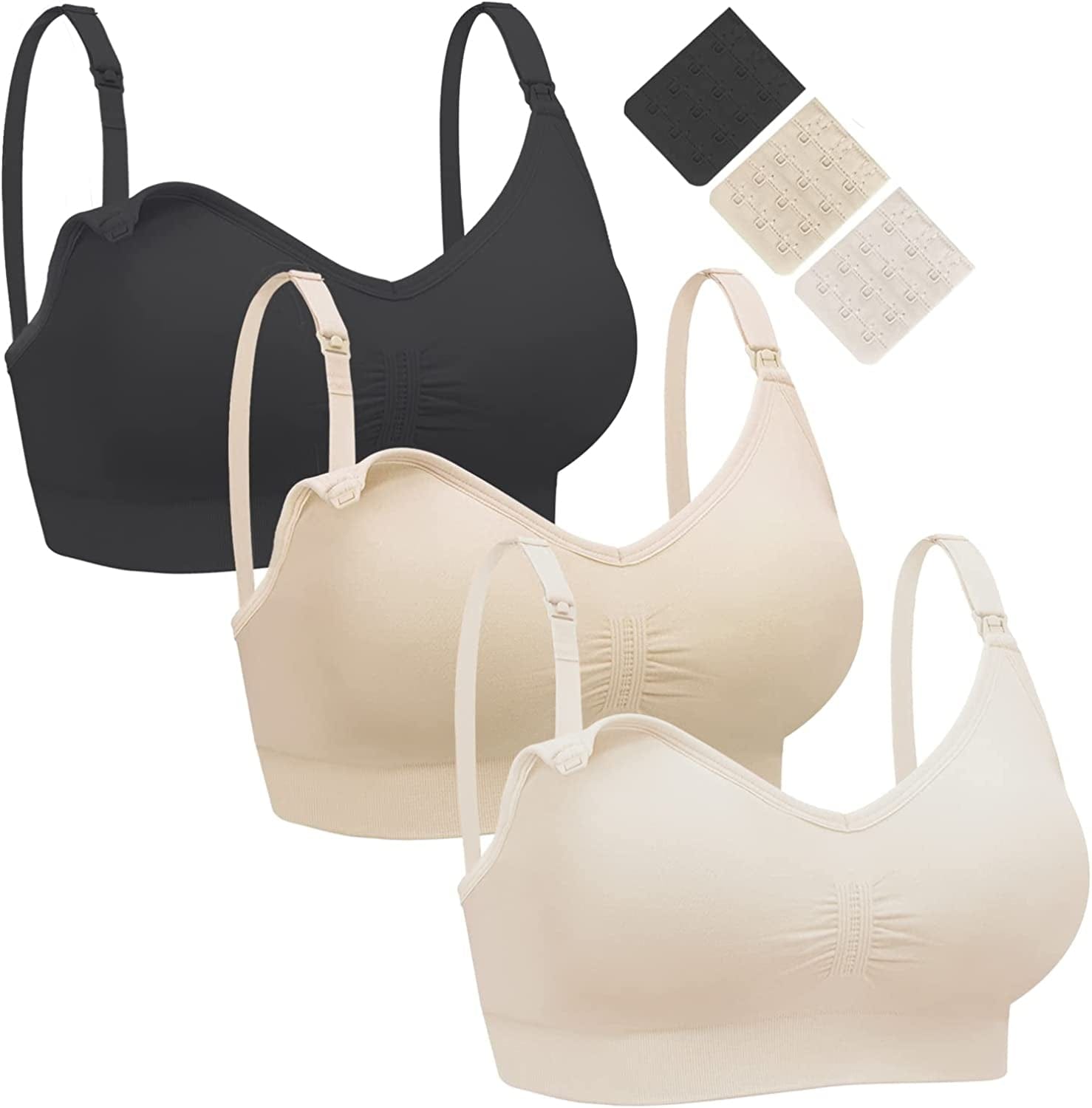 Nursing Bra 3 Pack Womens Maternity Breastfeeding Bra Wireless Sleep Bra Bralette with Extenders & Clips Black/Beige/Pink / Large