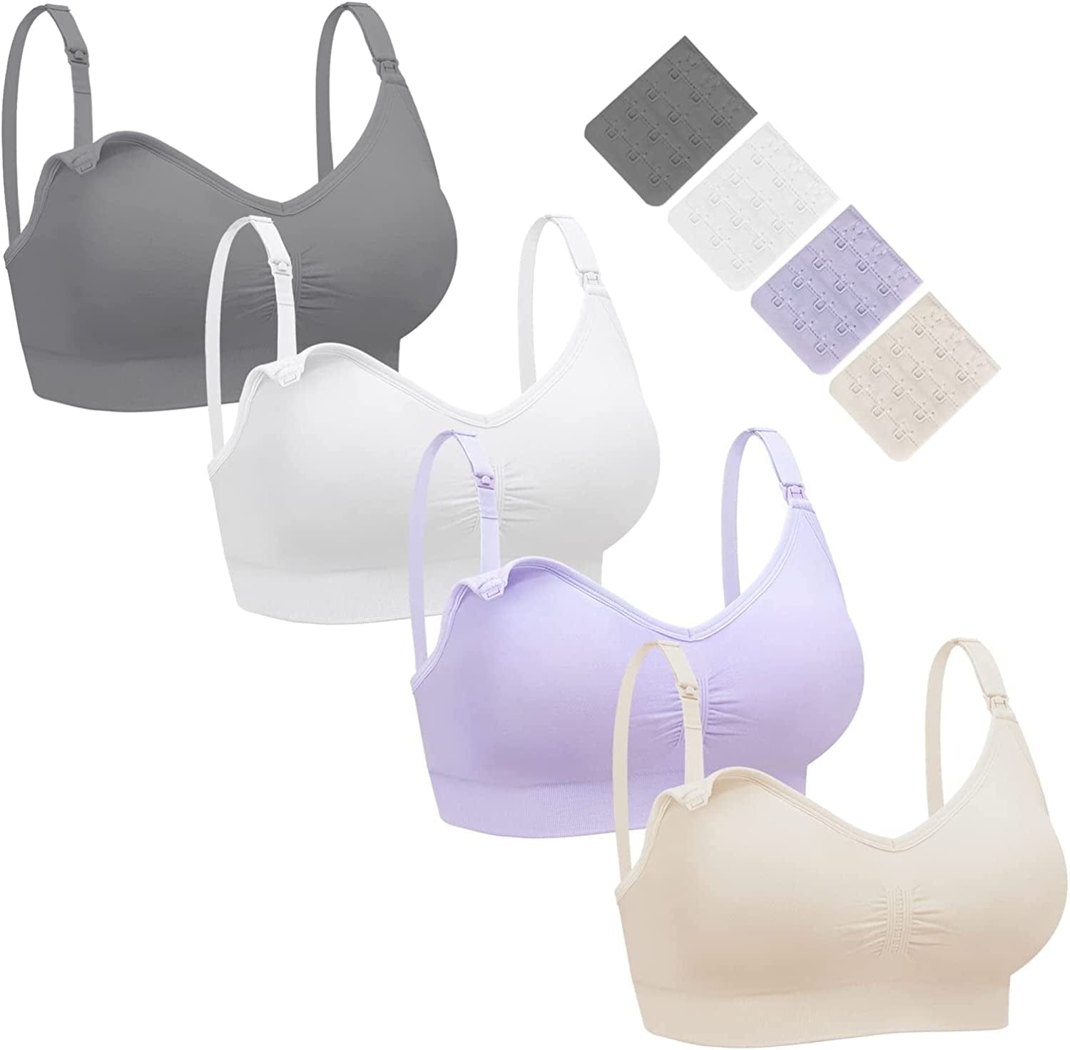 Nursing Bra 3 Pack Womens Maternity Breastfeeding Bra Wireless Sleep Bra Bralette with Extenders & Clips Grey/Whtie/Pink/Purple / Small