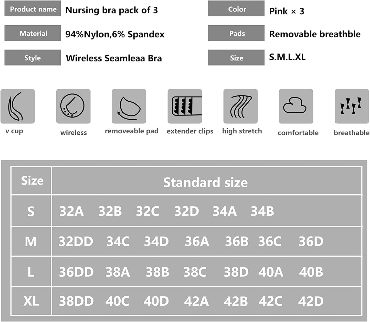 Nursing Bra 3 Pack Womens Maternity Breastfeeding Bra Wireless Sleep Bra Bralette with Extenders & Clips