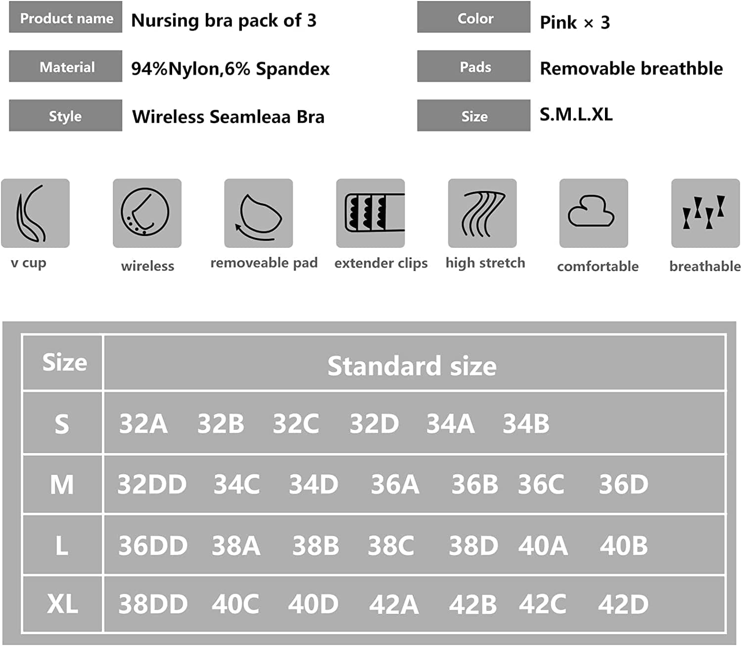 Nursing Bra 3 Pack Womens Maternity Breastfeeding Bra Wireless Sleep Bra Bralette with Extenders & Clips