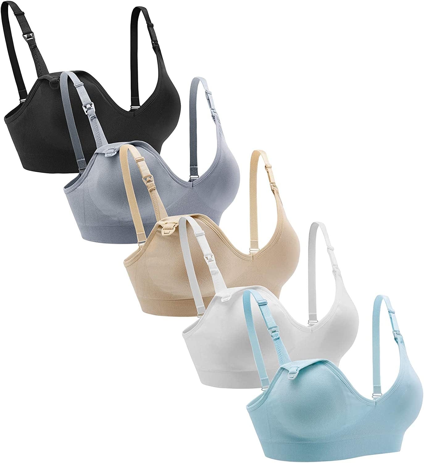 Nursing Bra 5Pack Wireless Deep V Neck Maternity Nursing Bra Bralette Sleeping Breastfeeding with Extra Extenders Black/Nude/White/Gray/Lightblue / 3X-Large
