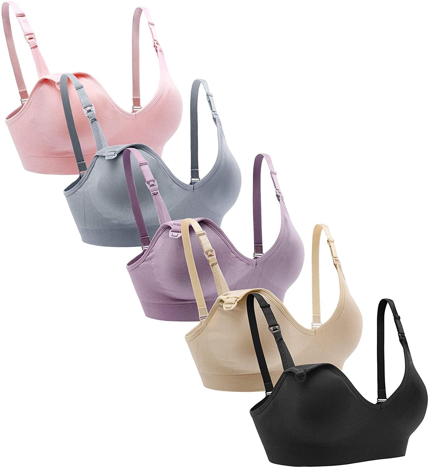 Nursing Bra 5Pack Wireless Deep V Neck Maternity Nursing Bra Bralette Sleeping Breastfeeding with Extra Extenders Black/Nude/Pink/Gray/Purplebean / 3X-Large