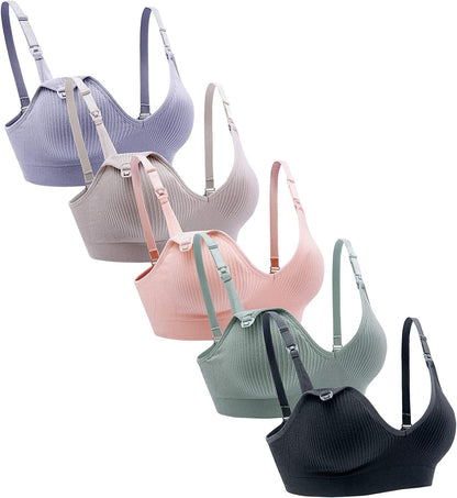 Nursing Bra 5Pack Wireless Deep V Neck Maternity Nursing Bra Bralette Sleeping Breastfeeding with Extra Extenders Sort Rib-a / Large