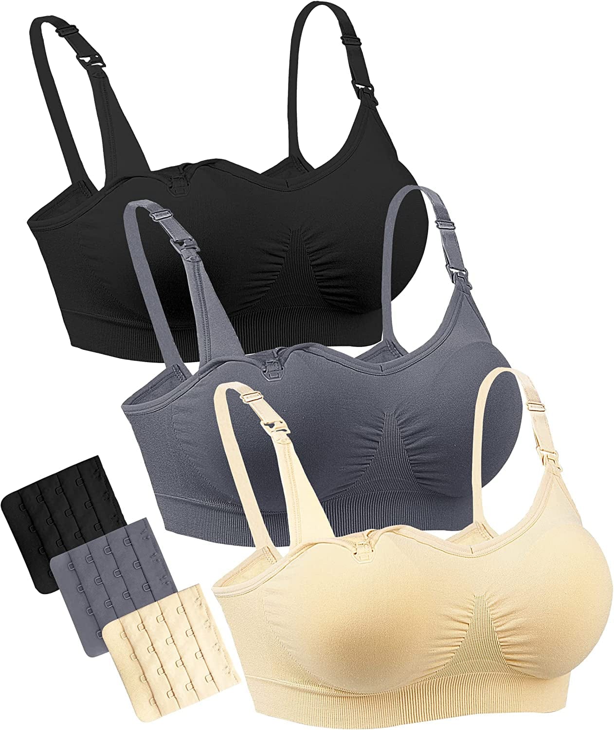 Nursing Bra for Breastfeeding Seamless Full Bust Maternity Bras for Pregancy 03pcs/Pack a Black Beige Gray / XX-Large