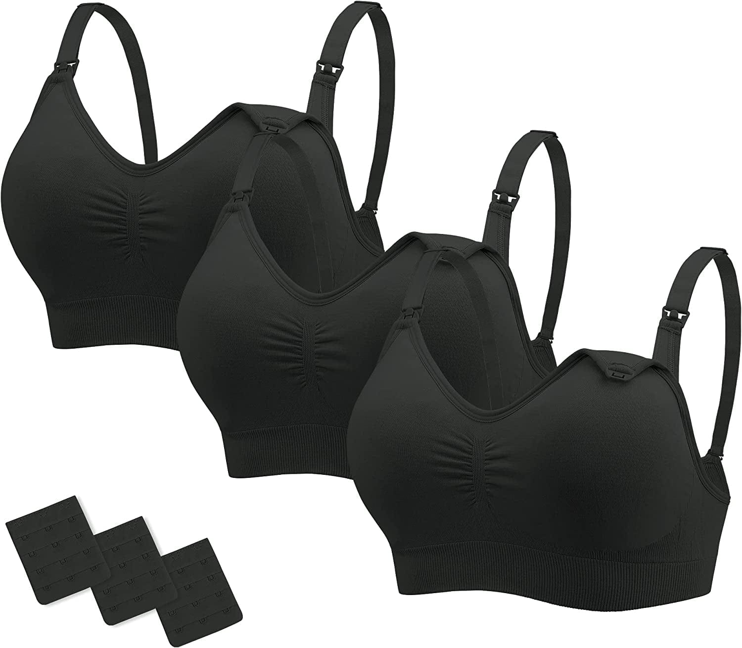 Nursing Bras Maternity Bra for Breastfeeding Pregnancy Wireless Bralette with Pads, Extenders & Clips Pack of 2/3 3 Pack Black / Small