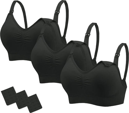 Nursing Bras Maternity Bra for Breastfeeding Pregnancy Wireless Bralette with Pads, Extenders & Clips Pack of 2/3 3 Pack Black / Small