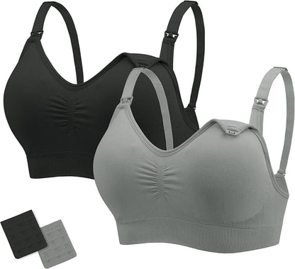 Nursing Bras Maternity Bra for Breastfeeding Pregnancy Wireless Bralette with Pads, Extenders & Clips Pack of 2/3 Black+gray / X-Large