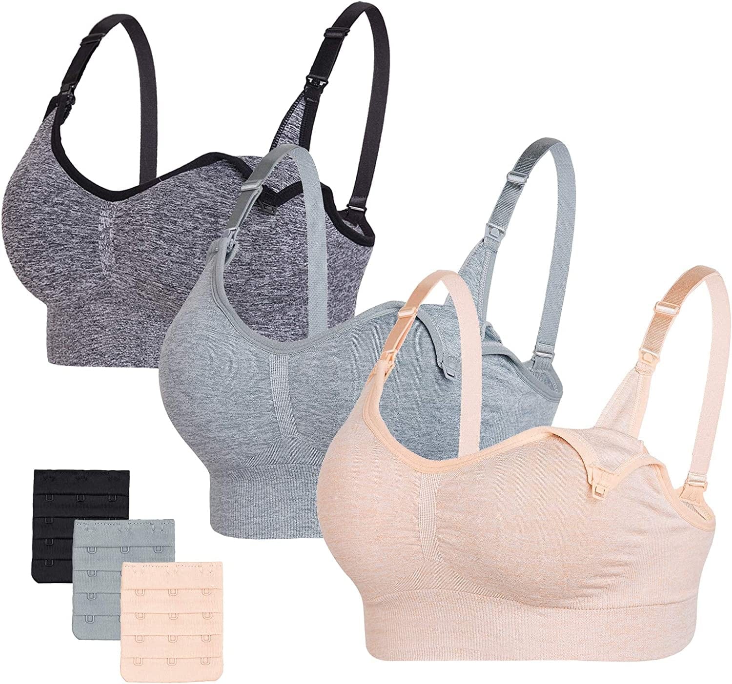 Nursing Bras Maternity Bra for Breastfeeding Pregnancy Wireless Bralette with Pads, Extenders & Clips Pack of 2/3 Black Heather+grey Heather+beige Heather / Medium