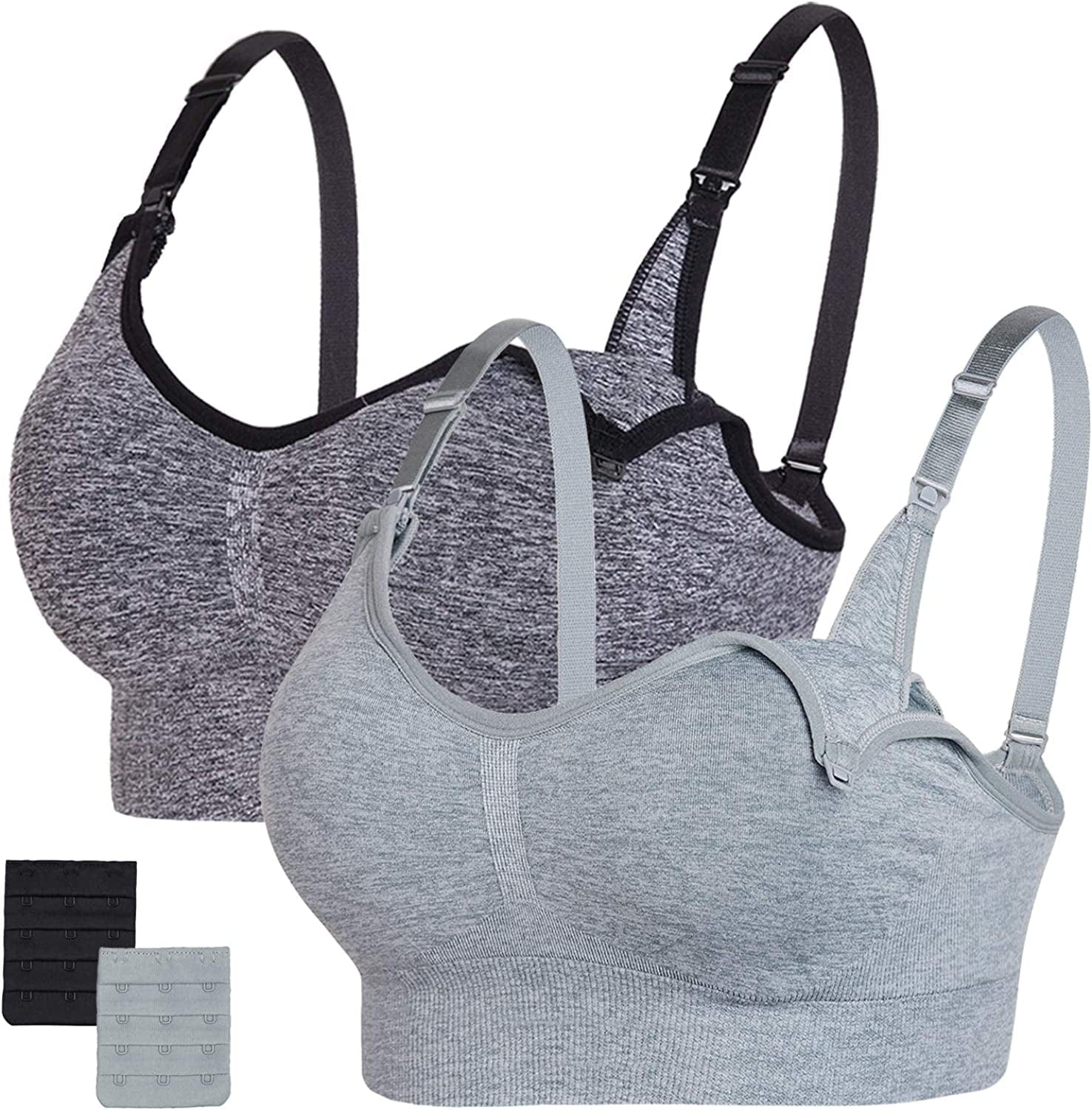Nursing Bras Maternity Bra for Breastfeeding Pregnancy Wireless Bralette with Pads, Extenders & Clips Pack of 2/3 Black Heather+grey Heather / Medium