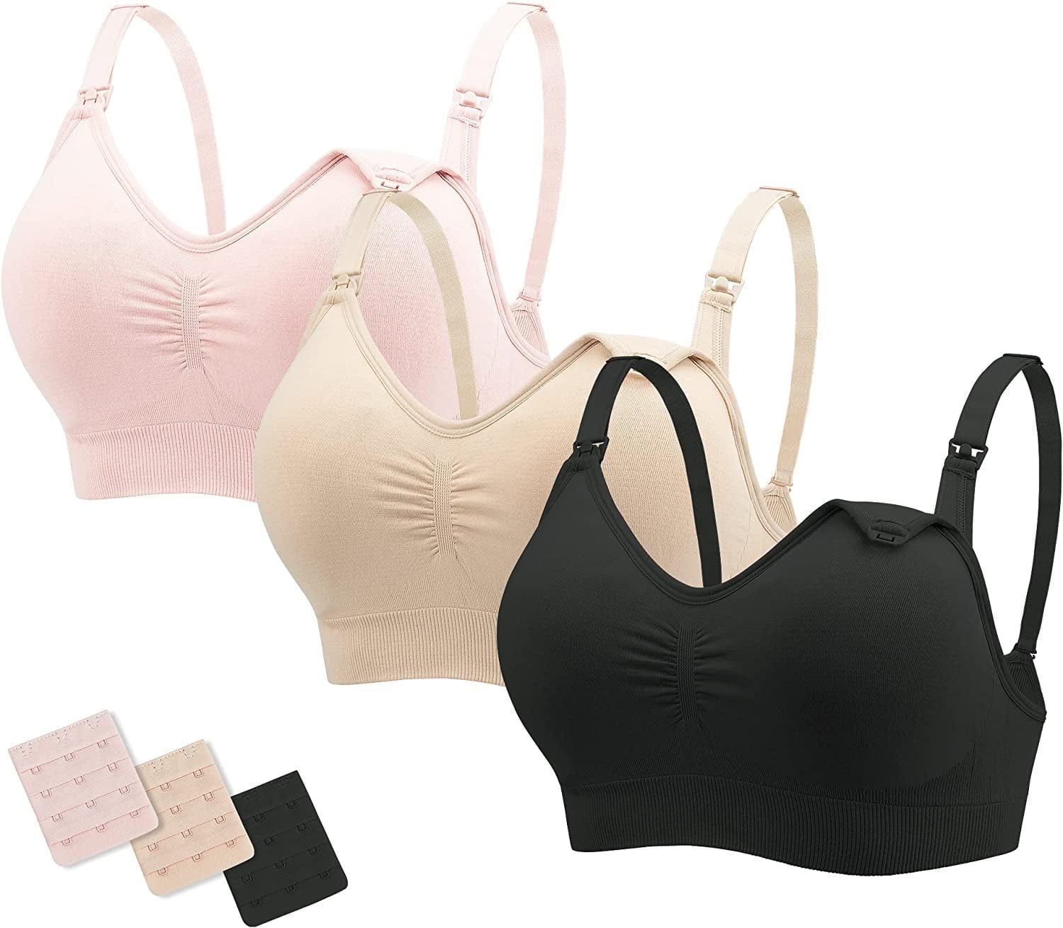 Nursing Bras Maternity Bra for Breastfeeding Pregnancy Wireless Bralette with Pads, Extenders & Clips Pack of 2/3 Black+beige+rose Pink / X-Large