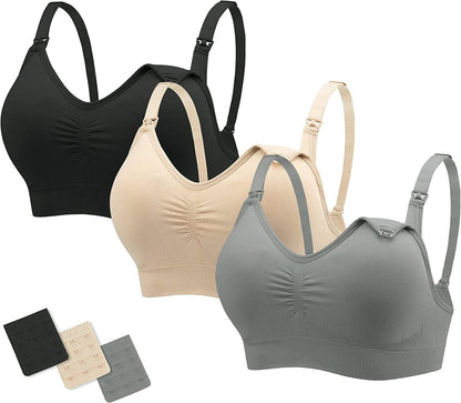 Nursing Bras Maternity Bra for Breastfeeding Pregnancy Wireless Bralette with Pads, Extenders & Clips Pack of 2/3 Black+gray+beige / X-Large