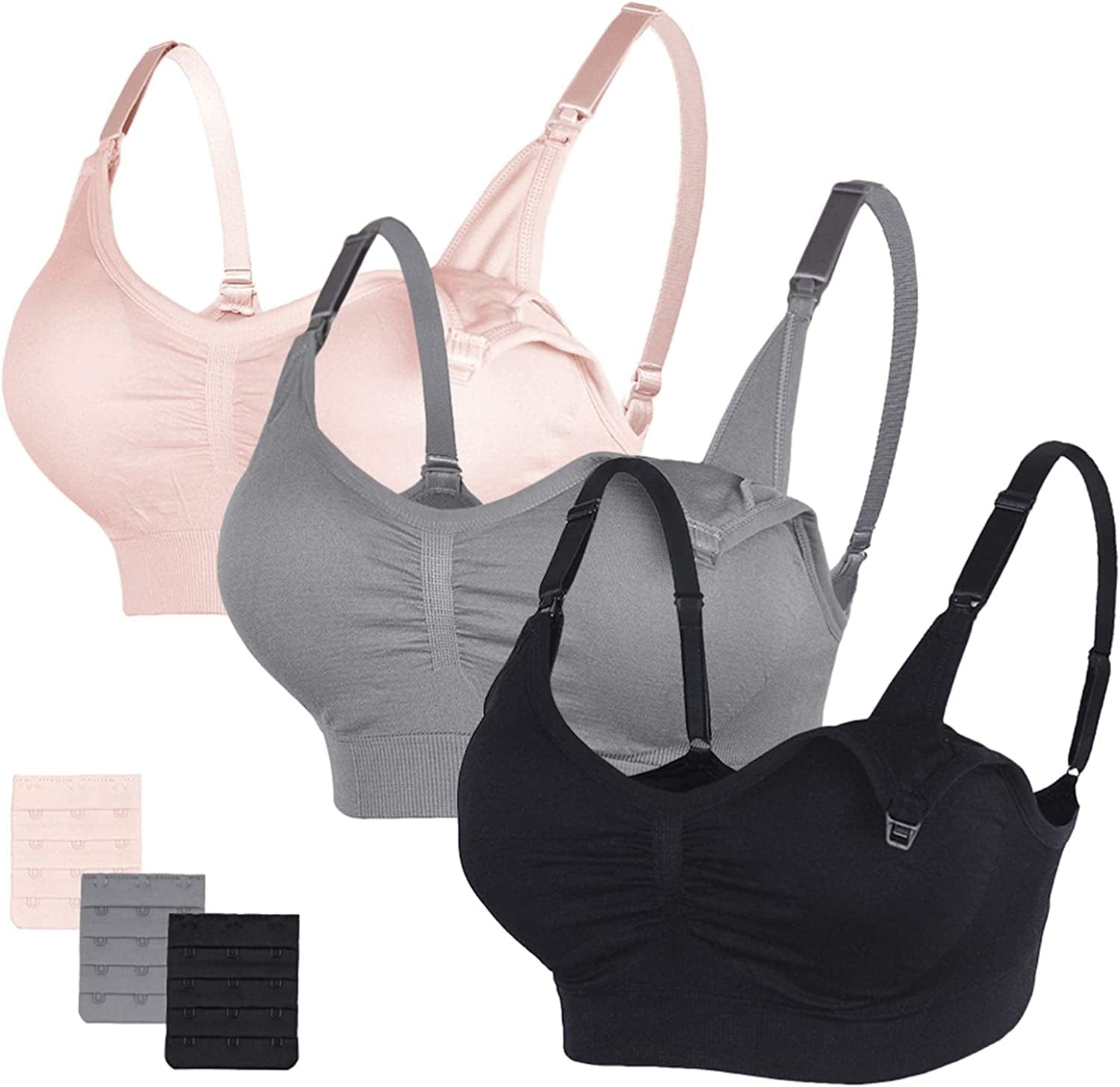 Nursing Bras Maternity Bra for Breastfeeding Pregnancy Wireless Bralette with Pads, Extenders & Clips Pack of 2/3 Black+gray+rose Pink / XX-Large