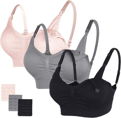 Nursing Bras Maternity Bra for Breastfeeding Pregnancy Wireless Bralette with Pads, Extenders & Clips Pack of 2/3 Black+gray+rose Pink / XX-Large