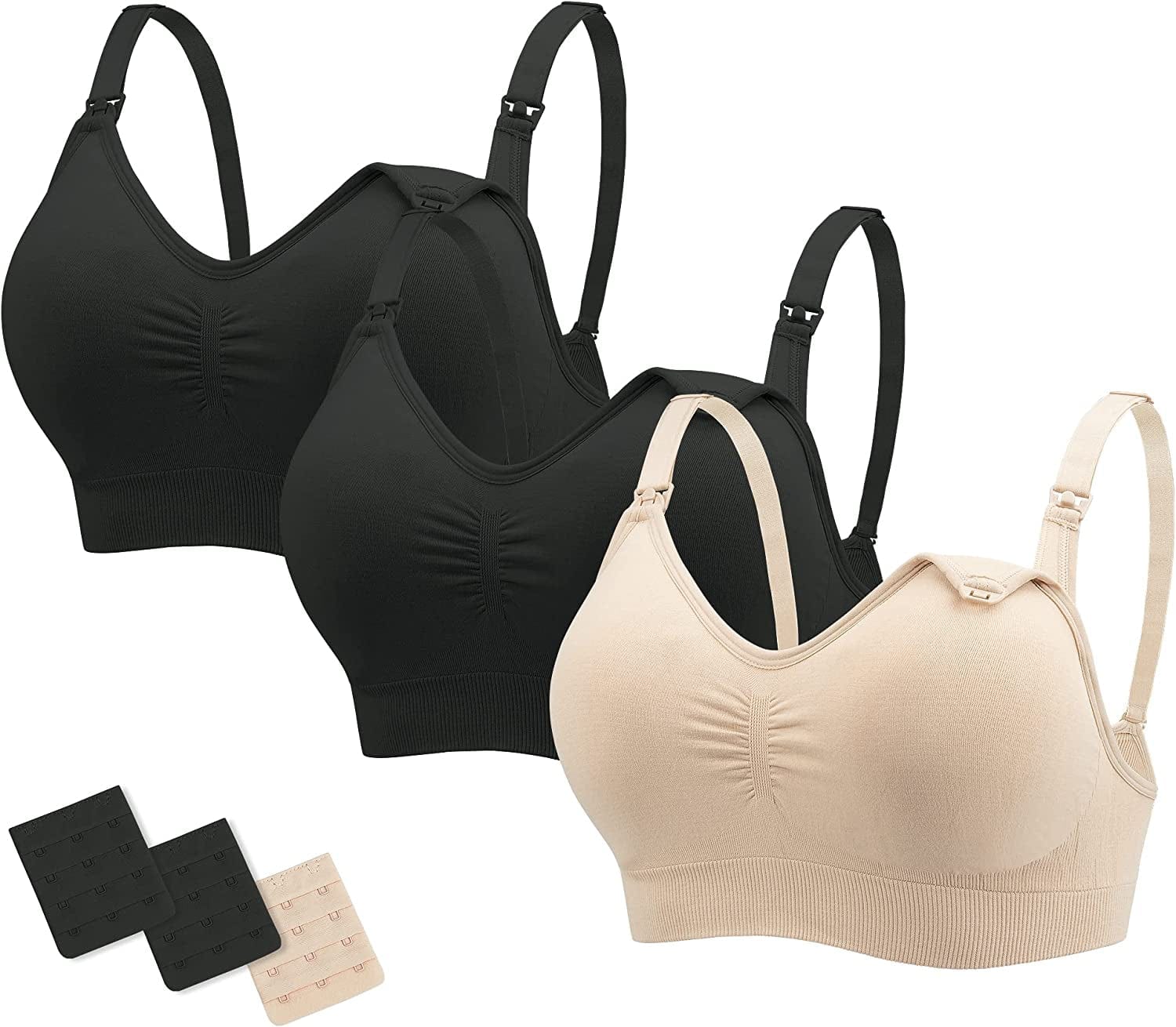 Nursing Bras Maternity Bra for Breastfeeding Pregnancy Wireless Bralette with Pads, Extenders & Clips Pack of 2/3 Black+black+beige / Small
