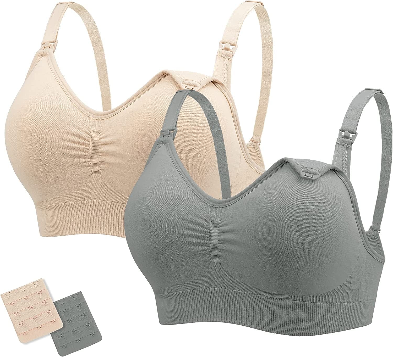 Nursing Bras Maternity Bra for Breastfeeding Pregnancy Wireless Bralette with Pads, Extenders & Clips Pack of 2/3 Gray+beige / XX-Large