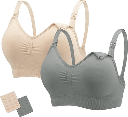 Nursing Bras Maternity Bra for Breastfeeding Pregnancy Wireless Bralette with Pads, Extenders & Clips Pack of 2/3 Gray+beige / XX-Large