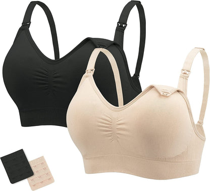 Nursing Bras Maternity Bra for Breastfeeding Pregnancy Wireless Bralette with Pads, Extenders & Clips Pack of 2/3 Black+beige / X-Large