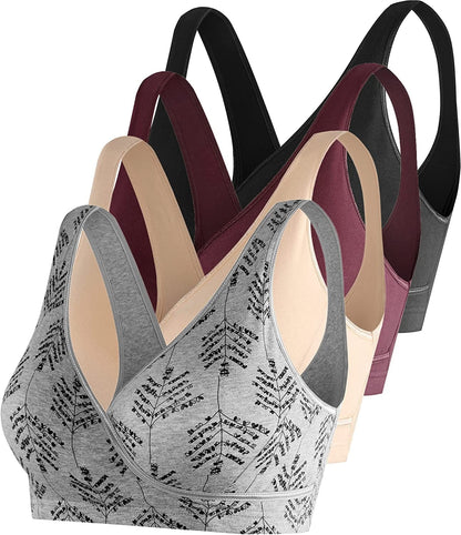 Nursing Sleep Bra Maternity Bralette Breastfeeding Cotton Pregnancy Bras 4 Pack Black/Grey Print/Burgundy/Nude-4pcs / Small