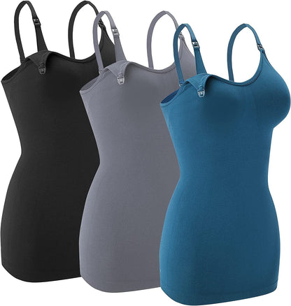 Nursing Tank Tops for Breastfeeding - Pregnancy Must Haves Maternity Camisoles with Built in Bra Black/Dark Grey/Dark Green / Small
