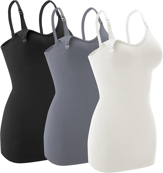 Nursing Tank Tops for Breastfeeding - Pregnancy Must Haves Maternity Camisoles with Built in Bra Black/Dark Grey/White / Small