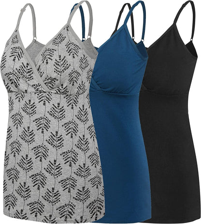 Nursing Tops Tank Shirt Cami Sleep Bra for Maternity and Breastfeeding Black/Atrovirens/Grey Print / Small