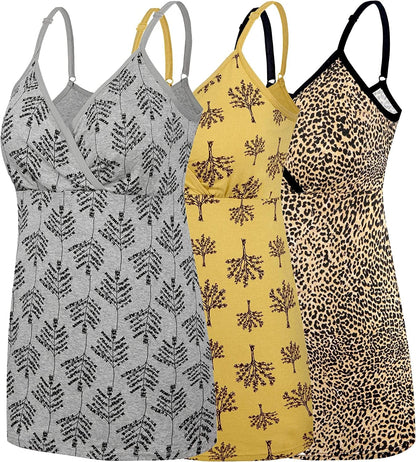 Nursing Tops Tank Shirt Cami Sleep Bra for Maternity and Breastfeeding Grey Print/Leopard Print/Yellow Print / Small