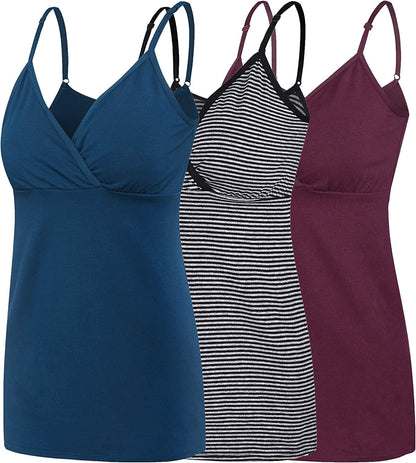 Nursing Tops Tank Shirt Cami Sleep Bra for Maternity and Breastfeeding Burgundy/Atrovirens/Stripe / X-Large