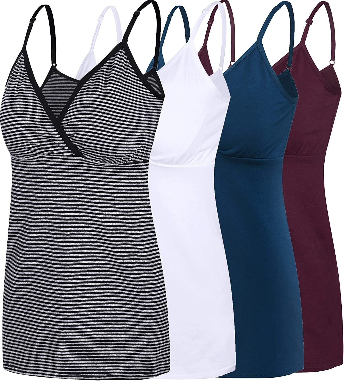 Nursing Tops Tank Shirt Cami Sleep Bra for Maternity and Breastfeeding O-stripe/Atrovirens/Burgundy/White 4pcs / Medium