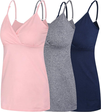 Nursing Tops Tank Shirt Cami Sleep Bra for Maternity and Breastfeeding Navy/Dark Grey/Pink / Large