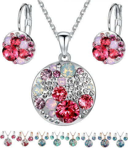 Ocean Bubble Women'S Crystal Jewelry Set Costume Fashion Pendant Necklace Earring Set, Silver Tone or 18K Rose Gold Plated, 18" + 2", Gifts for Women Pink Red Crystals/Silver-tone Chain