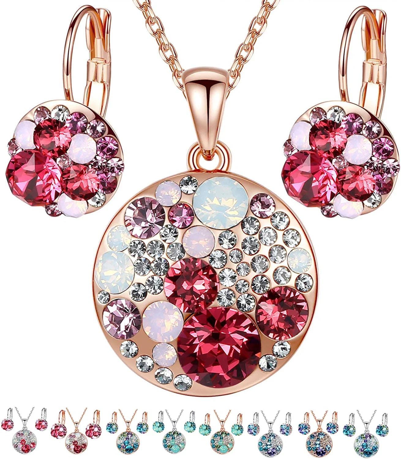 Ocean Bubble Women'S Crystal Jewelry Set Costume Fashion Pendant Necklace Earring Set, Silver Tone or 18K Rose Gold Plated, 18" + 2", Gifts for Women Pink Red Crystals/Rose Gold Plated Chain