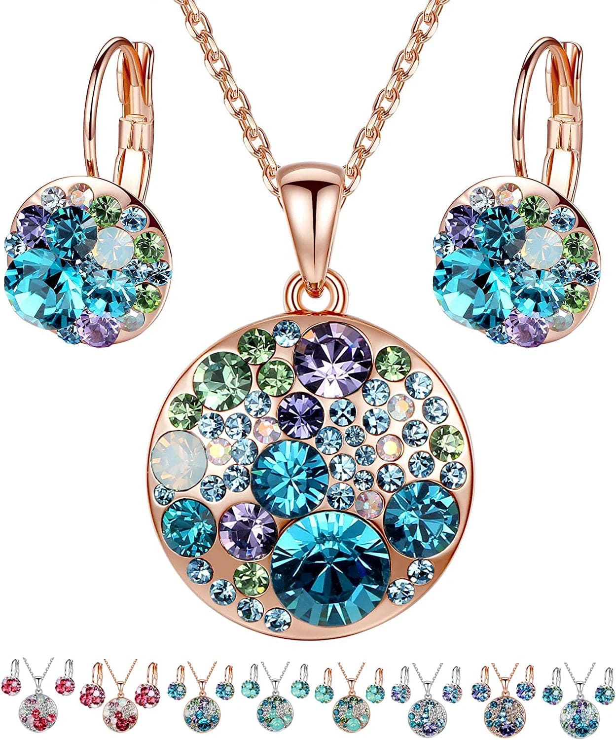 Ocean Bubble Women'S Crystal Jewelry Set Costume Fashion Pendant Necklace Earring Set, Silver Tone or 18K Rose Gold Plated, 18" + 2", Gifts for Women Blue Green Crystals/Rose Gold Plated Chain