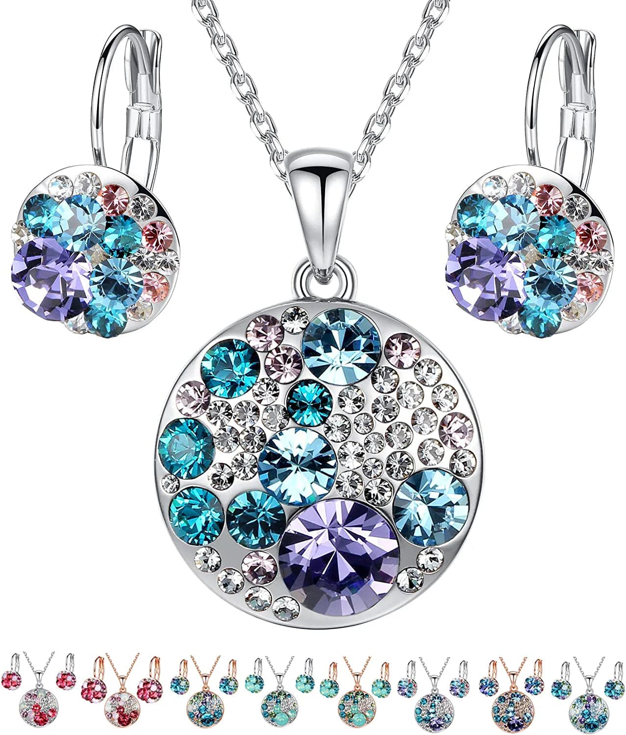 Ocean Bubble Women'S Crystal Jewelry Set Costume Fashion Pendant Necklace Earring Set, Silver Tone or 18K Rose Gold Plated, 18" + 2", Gifts for Women Blue Purple Crystals/Silver-tone Chain