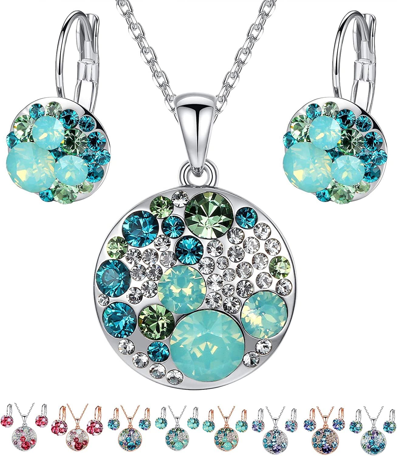 Ocean Bubble Women'S Crystal Jewelry Set Costume Fashion Pendant Necklace Earring Set, Silver Tone or 18K Rose Gold Plated, 18" + 2", Gifts for Women Green Crystals/Silver-tone Chain